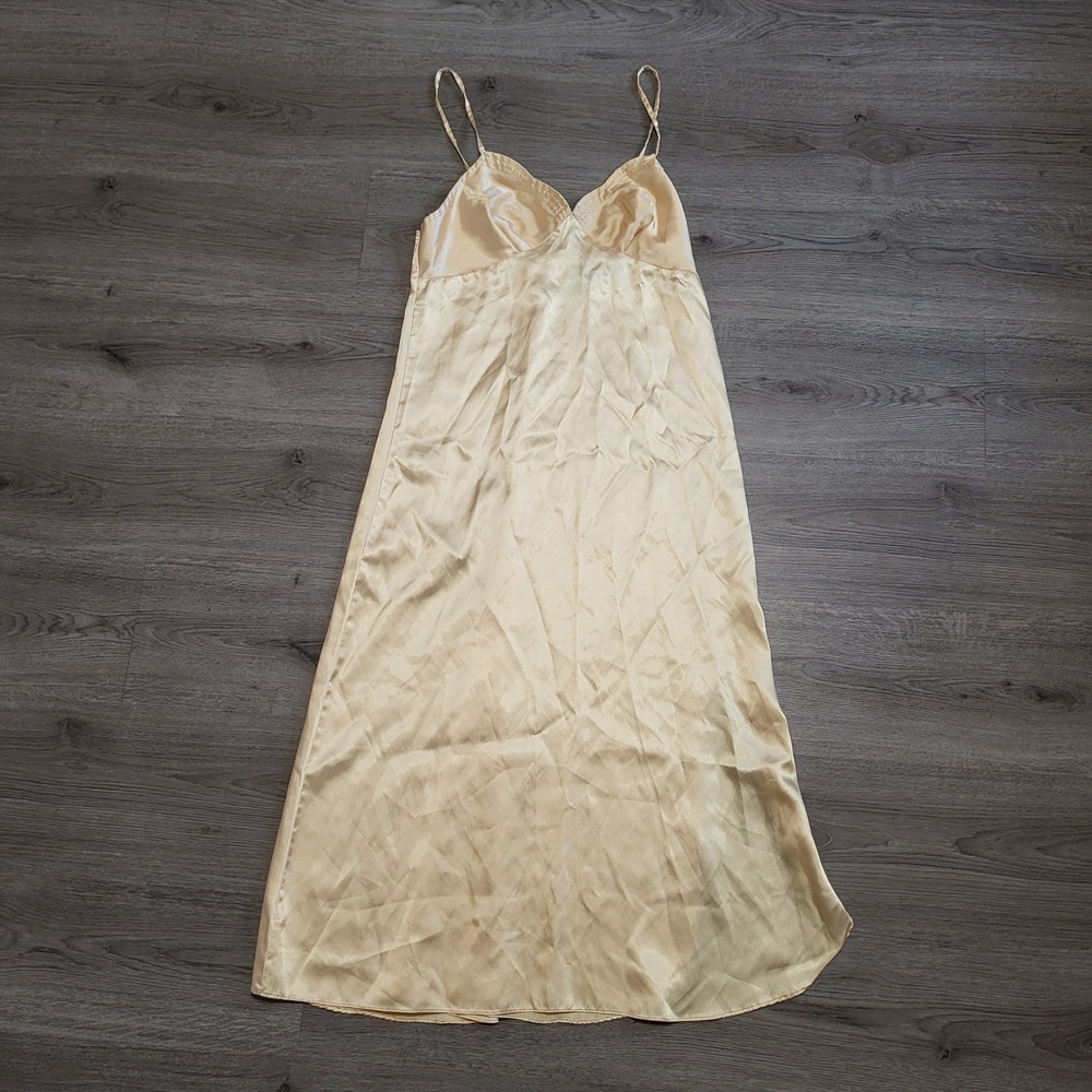 Vintage Yellow Gold Satin Maxi V-Neck Slip Dress Womens Medium Summer Boho